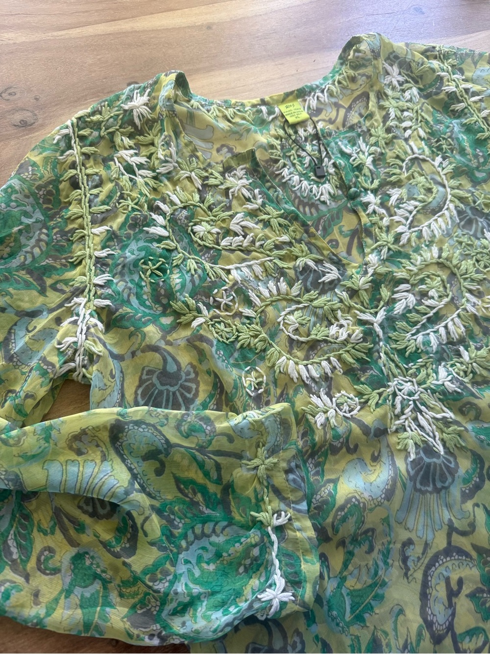 Silk sheer beach cover up resort wear tunic  XL green blue paisley Santorini - Picture 4 of 7